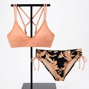 Peach and Black Floral Bikini Set
